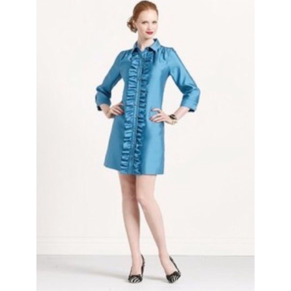 kate spade bethanne Teal Ruffle-Front Silk shirt dress gold buttons women Small